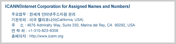 IANA(Internet Assigned Numbers Authority)-주요업무 : 전세계 인터넷주소자원 관리, 기관위치 : 미국 캘리포니아(California, USA), 주    소 : 4676 Admiralty Way, Suite 330, Marina del Rey, CA  90292, USA, 연 락 처 : +1-310-823-9358, 홈페이지 : http://www.iana.org